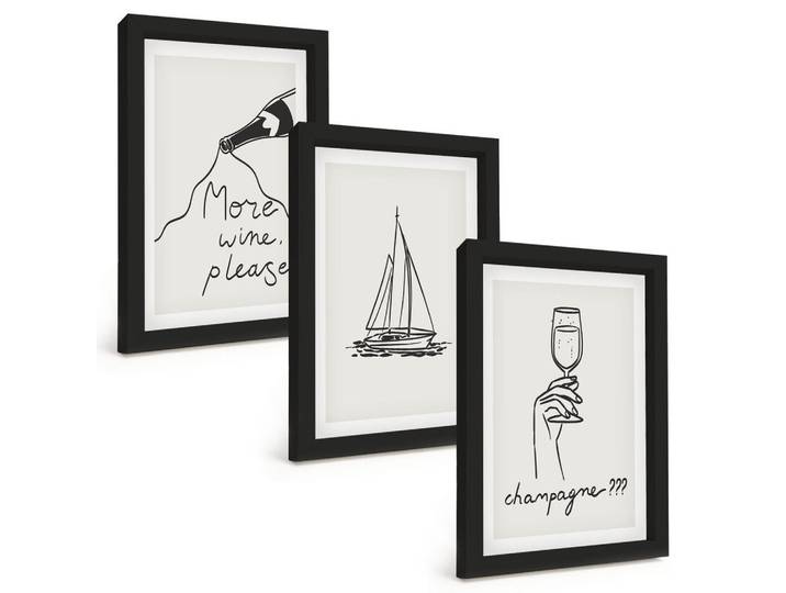 Tulup Bilder SET 3er Set - 20x30 cm Schwarzer Rahmen - Weinsegelboot-Glas-Linienzeichnung, Kunststoff, Rechteckig, 20x30 cm, Fotografie, Bilder & Rahmen, Bilder