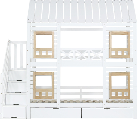 Etagenbett 90x200cm Ohne Matratze Weiss Naturbelassen Stauraumbett Kiefer MDF Fenster Fallschutzgitter Zwei Schubladen Treppe Mit 4 Ablagefaechern