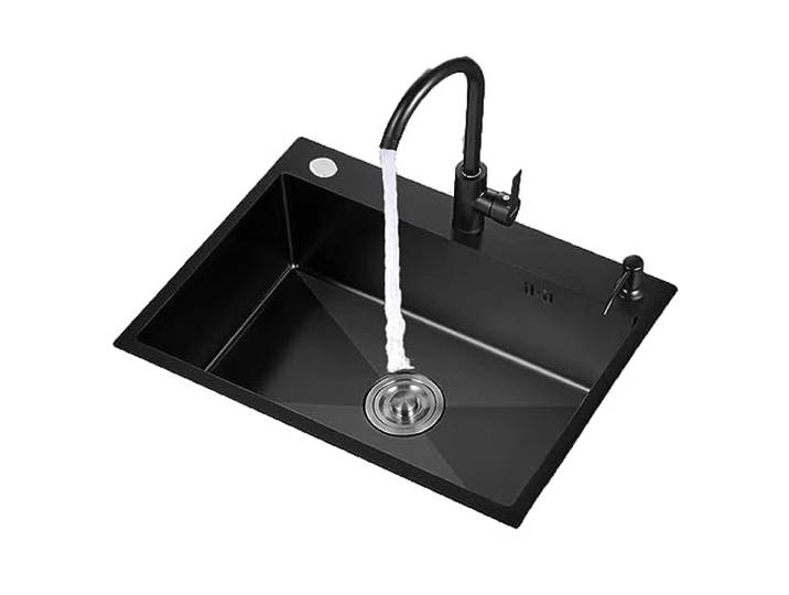 JKJZSALJ Edelstahl-Küchenspüle, tiefe Einzelschüssel, Gemüsebecken mit Sieb und Abfallüberlauf-Set, für Zuhause, Küche, Schwarz, B-55 x 45 cm