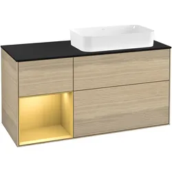 Villeroy & Boch Waschbeckenunterschrank Finion G27, Eckig Oak Veneer mit Gold Matt Lacquer Regal, 1200x603x501mm, mit Beleuchtung und SoftClosing