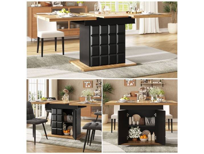 Table de Cuisine 4 à 6 Personnes Table a Manger Extensible Porte à Motif à Carreaux Table a Manger Noir avec Rallonge 110-140×80cm