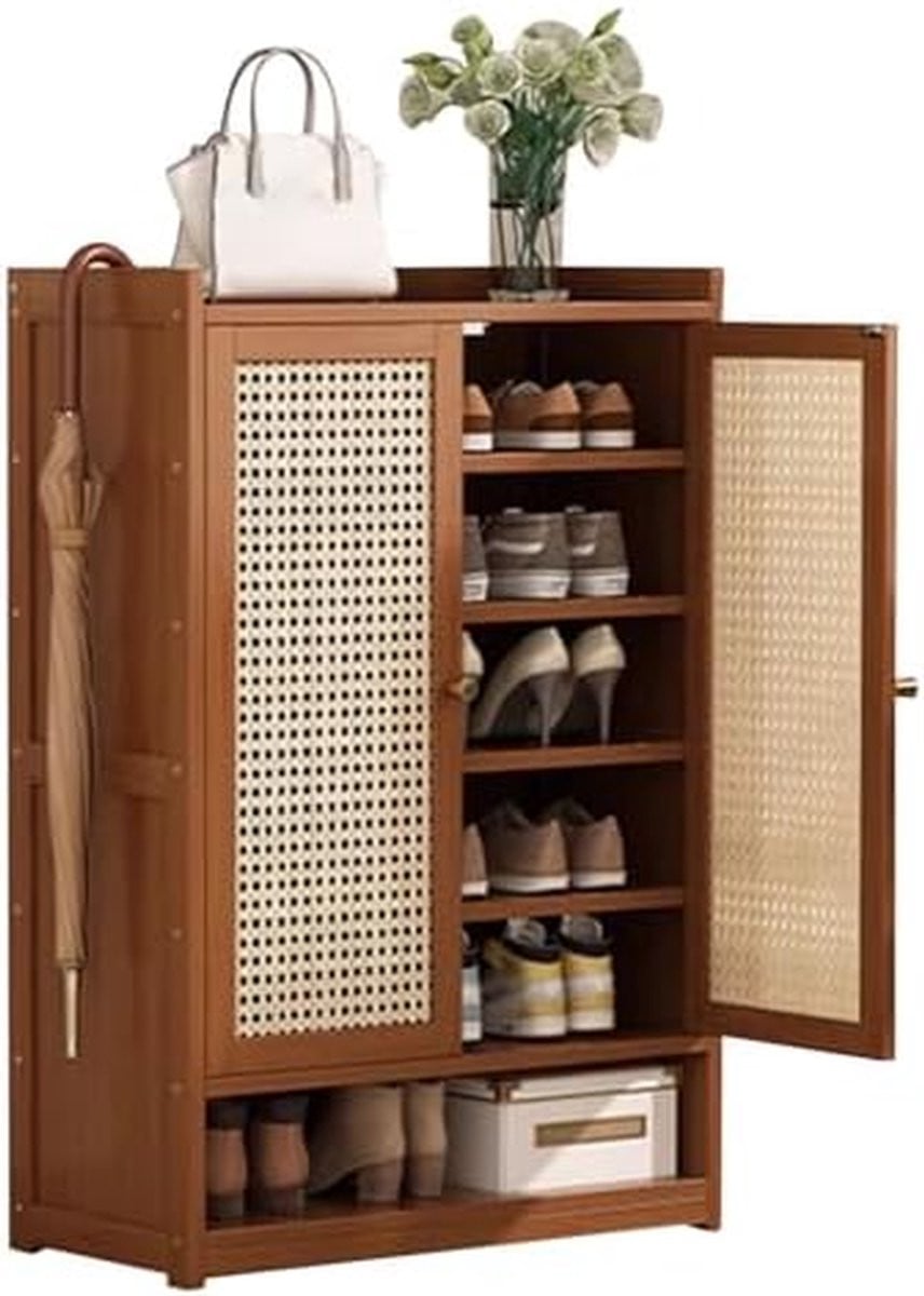 Rotan Schoenenkast met Geventileerde Deuren - Bruin - Hoogte: 94 cm