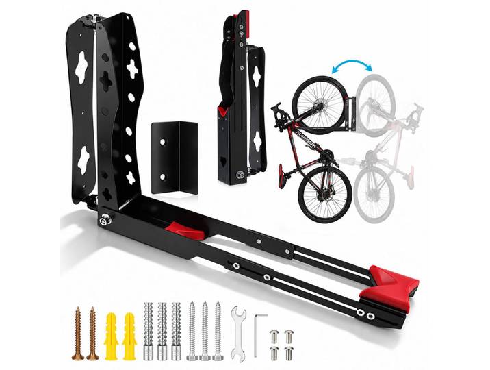 Relaxdays Fahrrad-Wandhalterung Schwarz Rot 1er-Set schwenkbar klappbar Roll-In-System 35 kg, Metall, 6.5x39x65.5 cm, Freizeit & Co