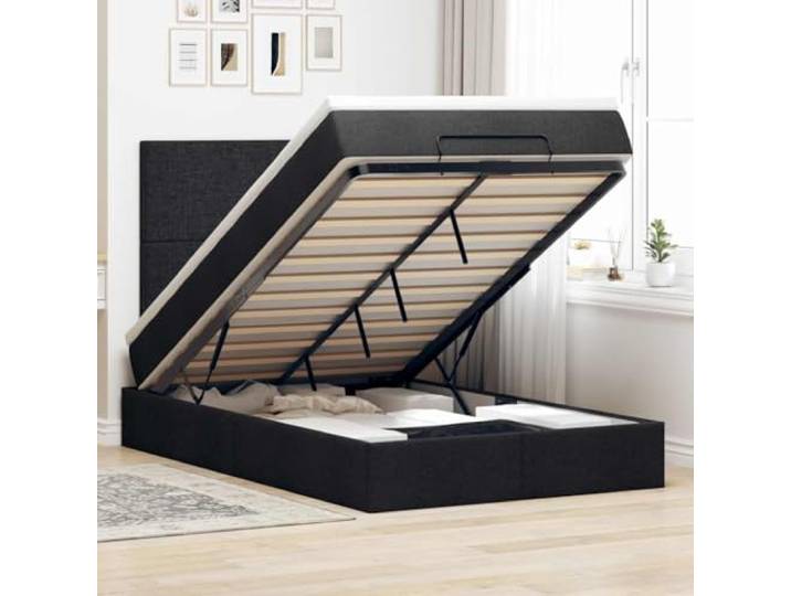RJPLMFV Ottoman-Bettrahmen mit Matratze, Schwarz, 120 x 190 cm Polyestergewebe, hydraulische Aufbewahrung, Taschenfedern, abnehmbarer Topper