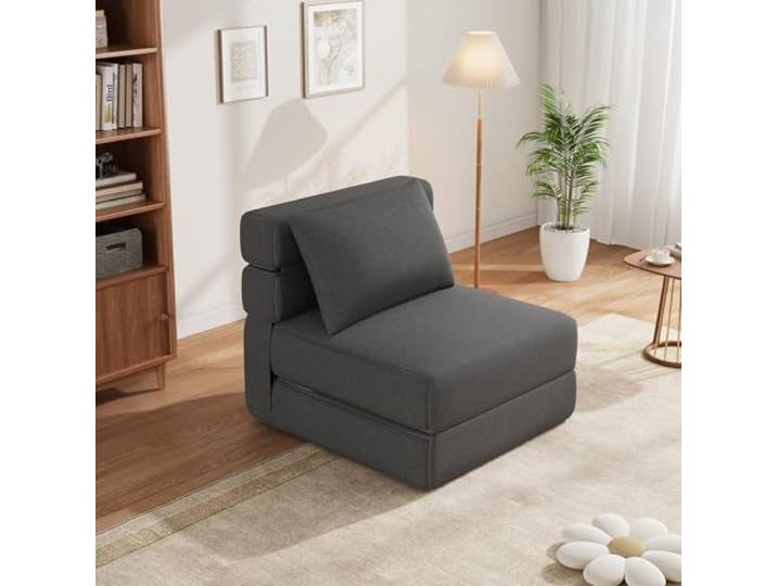 Litake Bodensessel 2-in-1 Klappbett mit Zierkissen Schlafsessel Mit Bettfunktion 3-Teilige Schaumstoff Faltmatratze Klappbar Sitzblock Mit Lendenkissen Klappsofa für Wohnzimmer & Schlafzimmer
