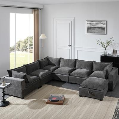 Direct Wicker 7 Seater Modular Chenille Sectional Sofa with Movable Storage Ottoman