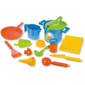 Lena Sandspielzeug 05410 Sandset Kochen, mit Eimer, Sieb, Kelle, Förmchen,Besteck, 14 Teile