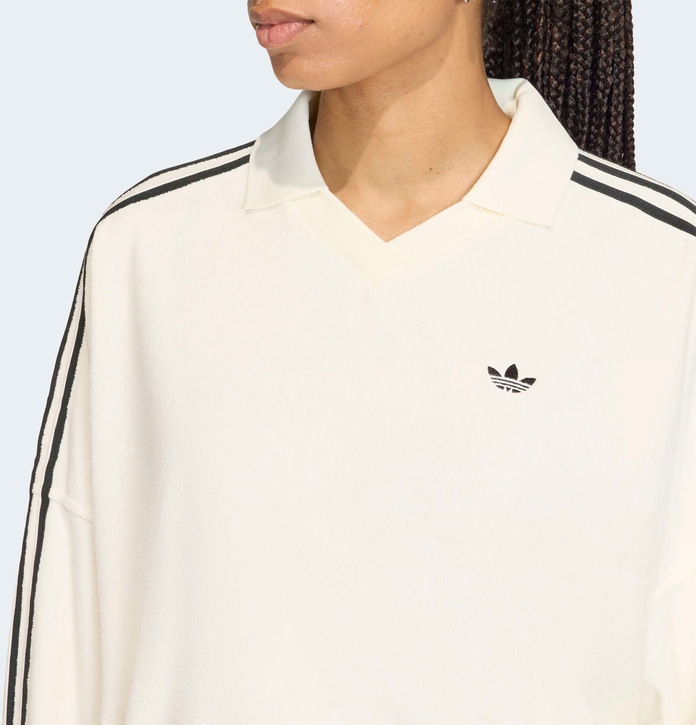 Poloshirt ADIDAS ORIGINALS "TERRY TOWEL V NECK LONG SLEEVES", Damen, Gr. L, weiss (sanftes weiß), Obermaterial: 75% Baumwolle, 25% Polyester, normal, V-Ausschnitt, Shirts Poloshirt sanftes weiß L