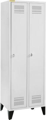 Schäfer Shop Genius Kleiderspind mit Füßen, 2 Abteile, 300 mm Abteilbreite, Sicherheitsdrehriegelverschluss, lichtgrau