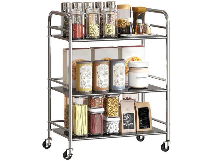 ComfortXL Servierwagen De-17131 3 Ebenen Edelstahl 201 Silber, Silberfarben, Metall, 35x77x60 cm, Esszimmer, Servierwagen