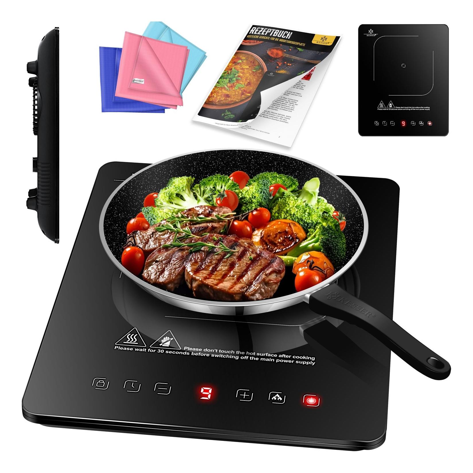 KESSER® Induktionskochplatte Induktionskochfeld Tragbare 28cm Kochplatte + 3x Mikrofasertuch + 1x Rezeptbuch, Heizstufen, Stunden-Timer, Touch-Steuerung, Booster-Funktion 220-240V
