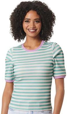 Masseys Puff Sleeve Ribbed Tee (Size 2X) Vintage Seafoam/Bone/Pink, Cotton,Elastine