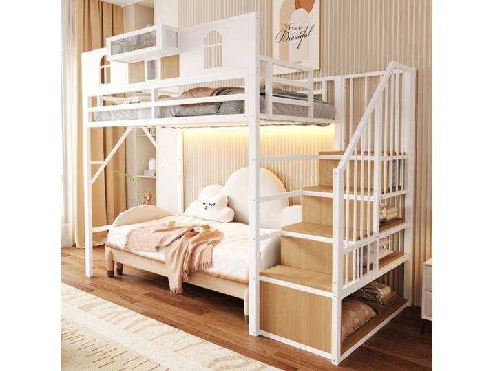Lit Mezzanine Métal Blanc 90x200cm Échelle Rangement Éclairage Rambarde Panneaux Bois Sans Matelas