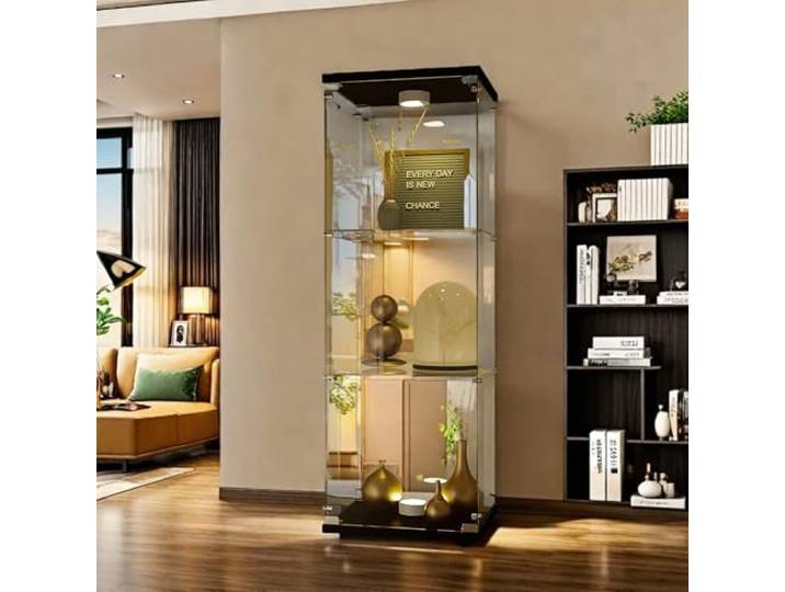 FEEOHOME Glasvitrine stehend, Vitrine Glas, Transparent Vitrine mit 3 Schichten mit 1 Tür, gehärtetes Glas vitrinenschrank für Wohnzimmer, Schlafzimmer, 42x36x125 cm (schwarz)
