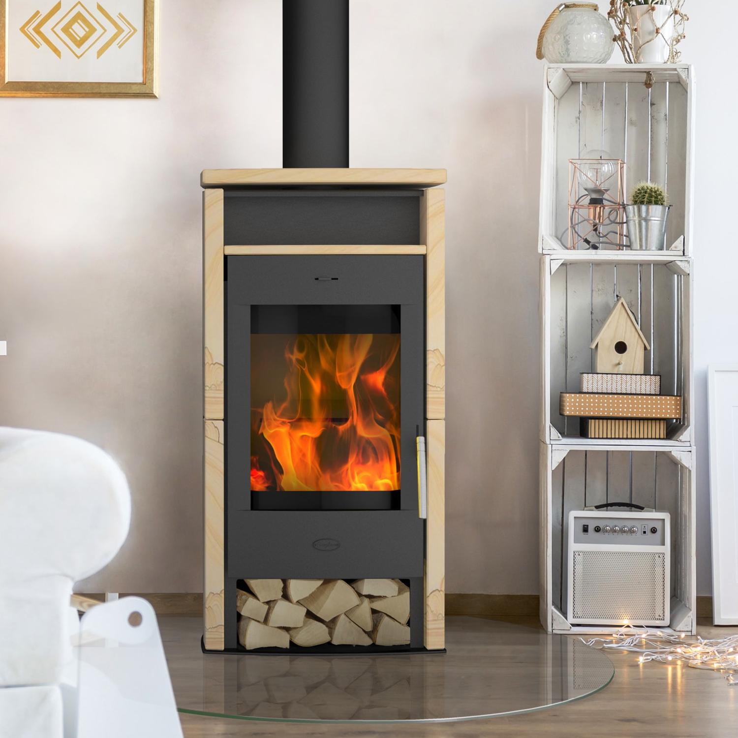 Fireplace Santiago, Freistehende Feuerstelle, Geschlossen, Brennholz, Pellet, Schwarz, Drinnen, Rechteckig