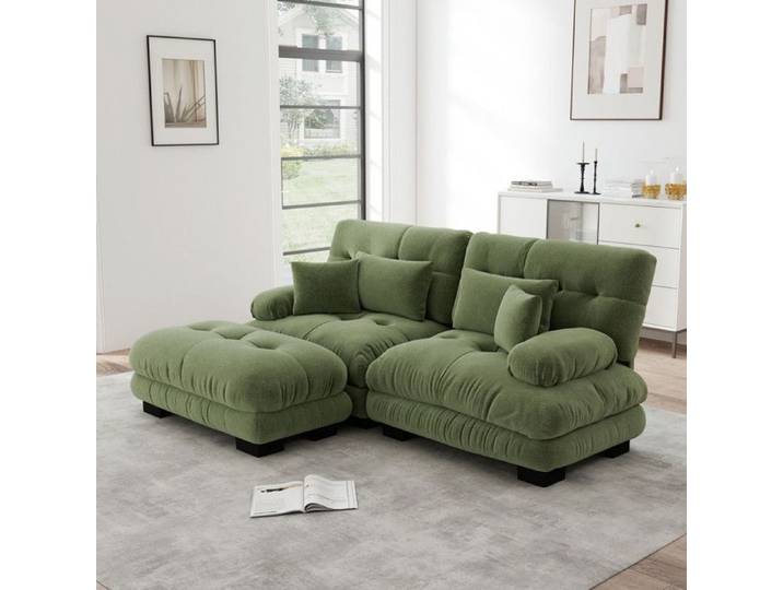 Luscriate - Canapé d'angle L modulable - Comprend 2 coussins lombaires et 2 coussins décoratifs - Canapé de salon avec pouf - Vert