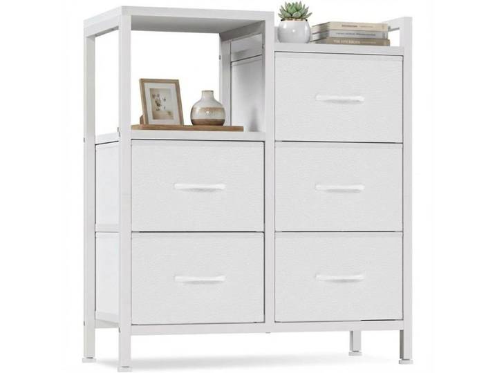 Commde Meuble de rangement bureau 5 tiroirs pour bureau Étagère ouverte Support d'imprimante Convient A4 Blanc