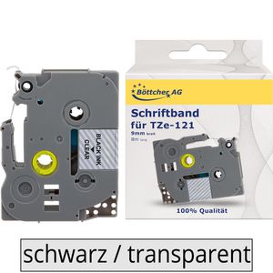 Kompatibles Schriftband für Brother TZe-121, 9mm, Länge 8m, schwarz auf transparent