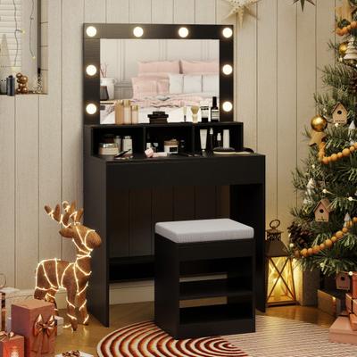 Costway Vanity Table Set with Lighted Mirror and Cushion Stool-Black