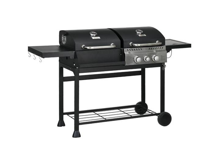 Outsunny Gasgrill mit 2+1 Brenner, Thermometer, 3kW BBQ Holzkohlgrill mit Regal, Schwarz, Metall, 54x103x161 cm, Grills, Gasgriller