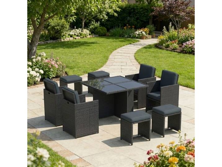 Salon de jardin encastrable 8 places en resine tressee – Ensemble repas exterieur moderne gris