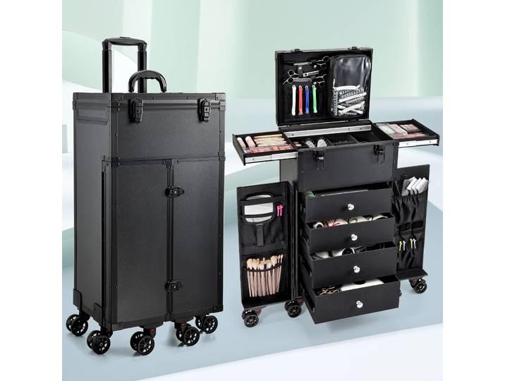 Valise de maquillage roulante professionnelle sur roulettes, grande valise de maquillage à roulettes avec tiroirs et clés, station de coiffure mobile portable pour salon et maquilleur professionnel