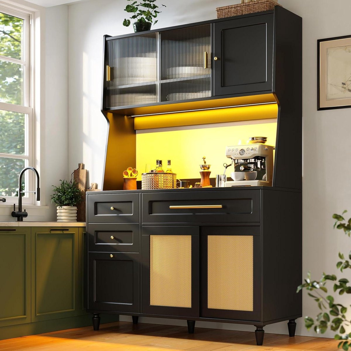 Multifunctionele Hoge Keukenkast met LED en Vitrine Buffetkast - Zwart - Hoogte: 195 cm