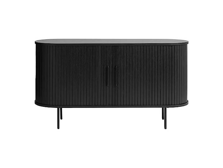 Trendstore Uriel Sideboard in Lamellenoptik, Schiebetüren, moderner Retrolook, Lamellen-Design, Metallakzente, 2 Einlegeböden, praktische Metallfüße, Wohnzimmer, Lamellen Eiche Furnier schwarz, 140