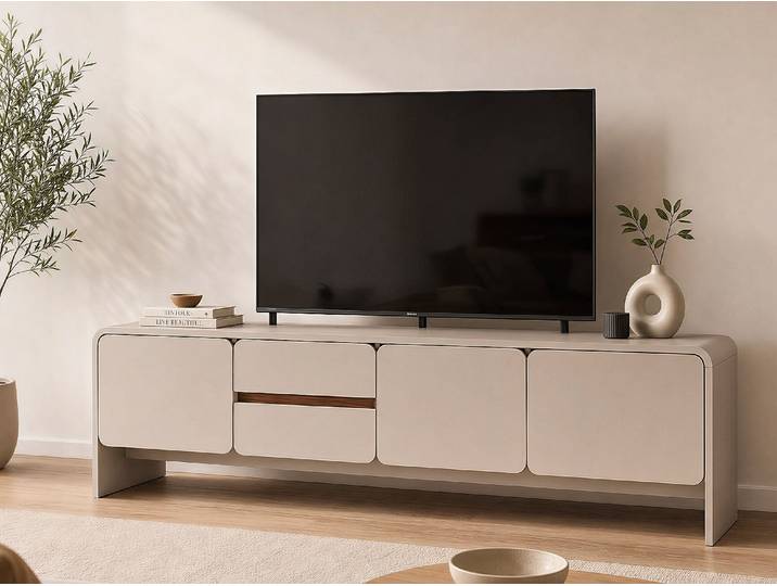 TV-Board mit 3 Türen und 2 Schubladen - Beige und dunkles Natur DYSARA