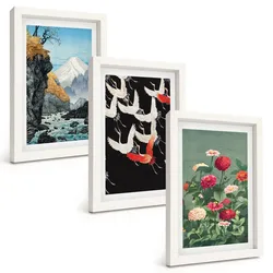 BILDER SET 3er Set - 20x30 cm Weißer Rahmen - Berge, Wasserfälle, Vögel, Blumen
