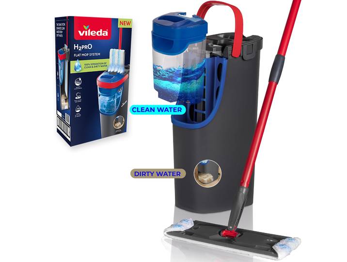 Bodenwischer-Set VILEDA Vileda H2PrO Flat Mop System , schwarz, B:24,1cm H:43,3cm L:17,6cm, Kunststoff, Reinigungs-Sets, Bodenwischer-Set, 100%-ige Trennung von sauberem und schmutzigem Wasser