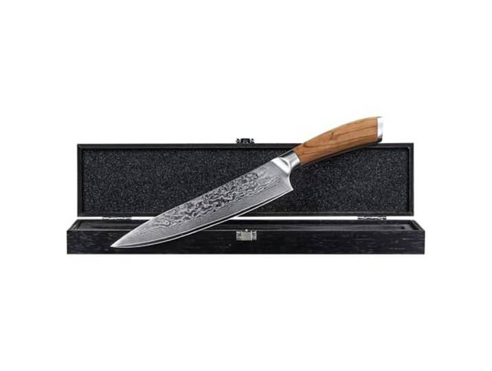 Chef Cuisine International Damast Chefmesser mit Olivenholz Griff, 67-lagiger Klingenstahl, 20,5 cm Klinge, Eisgehärtet, Rostfrei, Ergonomisch, Handgeschliffen, mit Holzschatulle