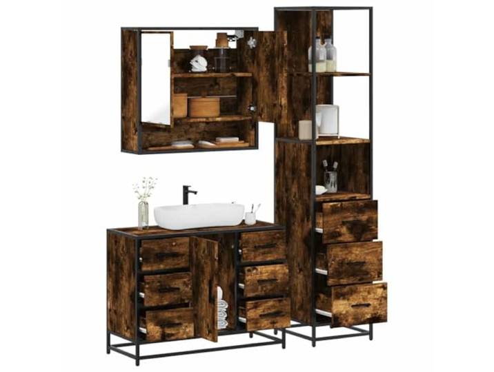 HWKQEQRF 3-TLG. Badmöbel-Set Räuchereiche Holzwerkstoff Metallgestell, Lowboard, Waschbeckenunterschrank, Spiegelschrank, Wandmontage, Stauraum, industrielle Note