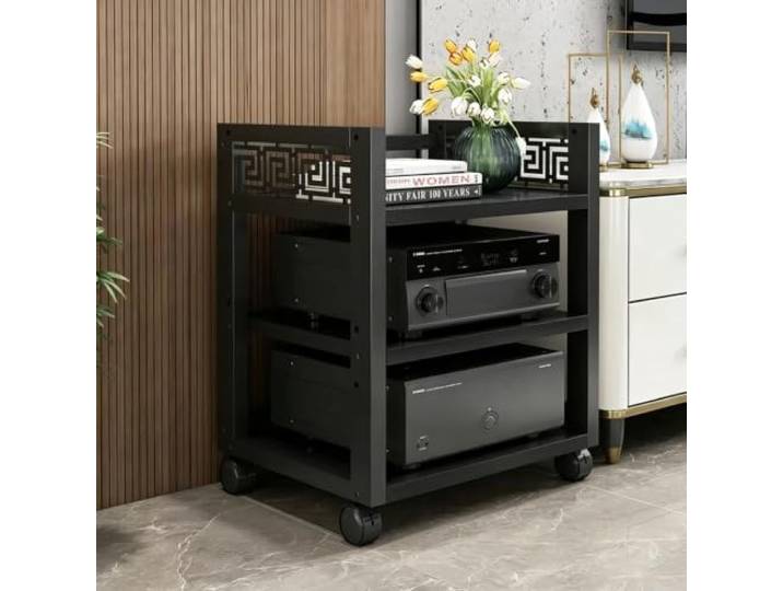 Mehrstufiger AV-Medienschrank, fahrbares Stereo-Regal für Audioanlagen 4-stufig verstellbare Böden, stabiler Holz-Metall-Aufbau, leichtlaufende Rollen(Black,19.7x15.7x26.8in)