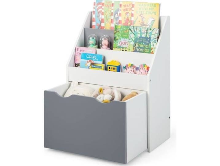 DREAMADE Bibliothèque pour Enfants avec 3 Étagères Ouvertes 1 Coffre à Jouets à Roulettes Dispositif Anti-Basculement pour Chambre