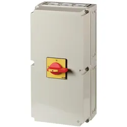Eaton 201450 Hauptschalter, T8, 315 A, Aufbau, 3 Baueinheit(en), 6-polig, 1 Schließer, 1 Öffner, NOT-AUS-Funktion, mit rotem Drehgriff und gelbem