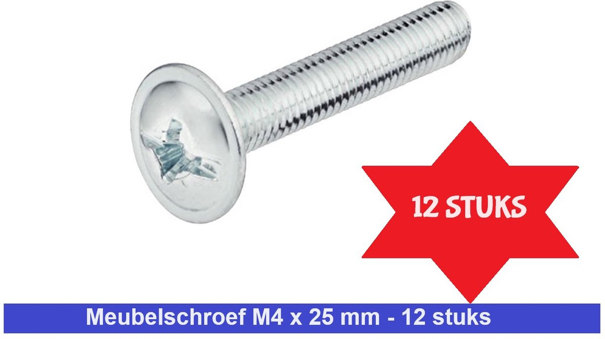 Meijer ijzerwaren Meubelschroef M4 x 25 mm - 12 stuks - Meubelbout voor meubelknopjes en meubelgrepen