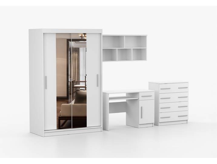 Jugendzimmer Komplett – Set TOBBY BIS BB 01 (4-teilig) Weiß Weiß + Spiegel