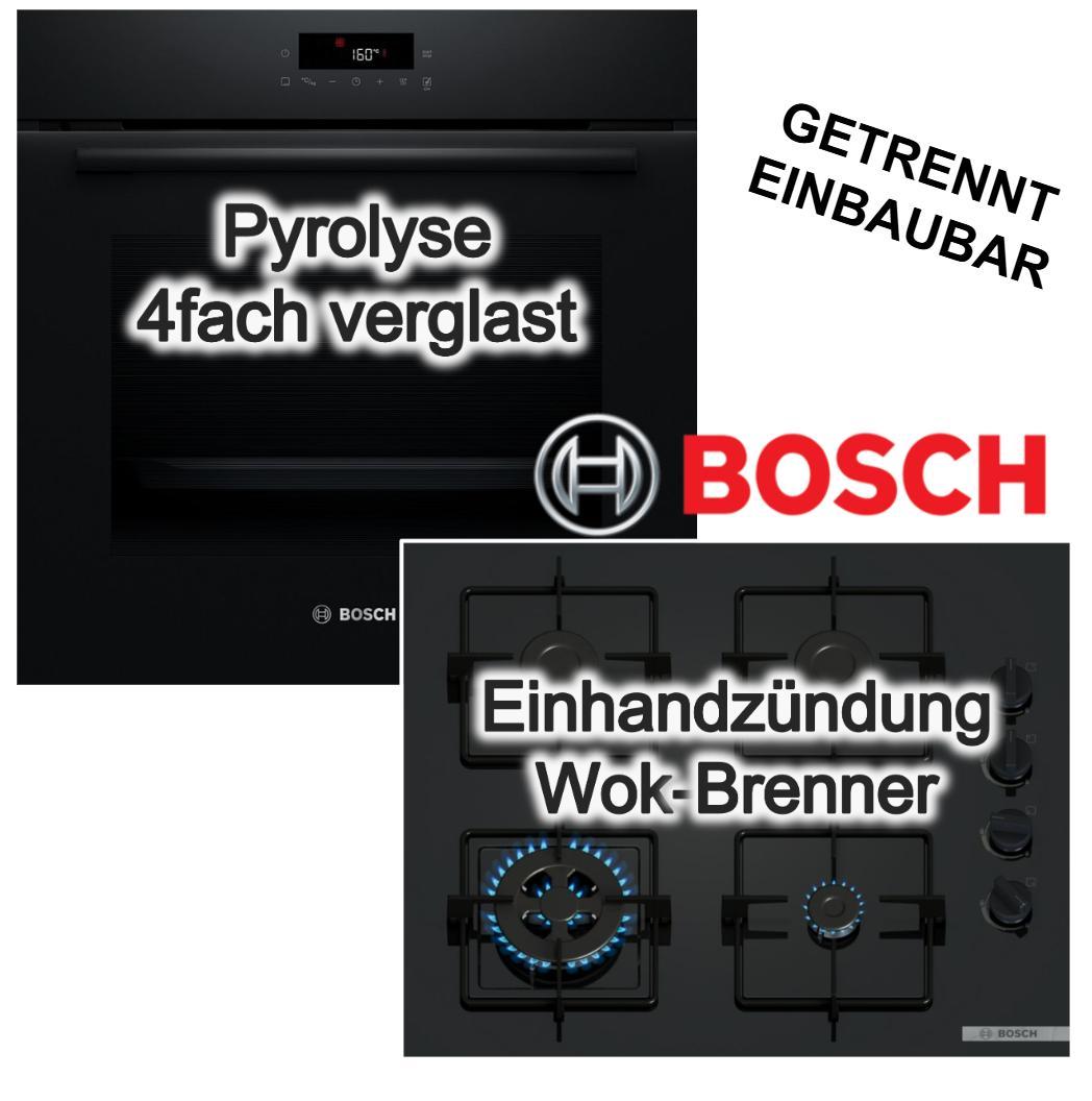 Herdset Bosch Backofen 3D Heißluft Pyrolyse AutoPilot Reinigungshilfe + Gaskochfeld Wokbrenner Zündsicherung