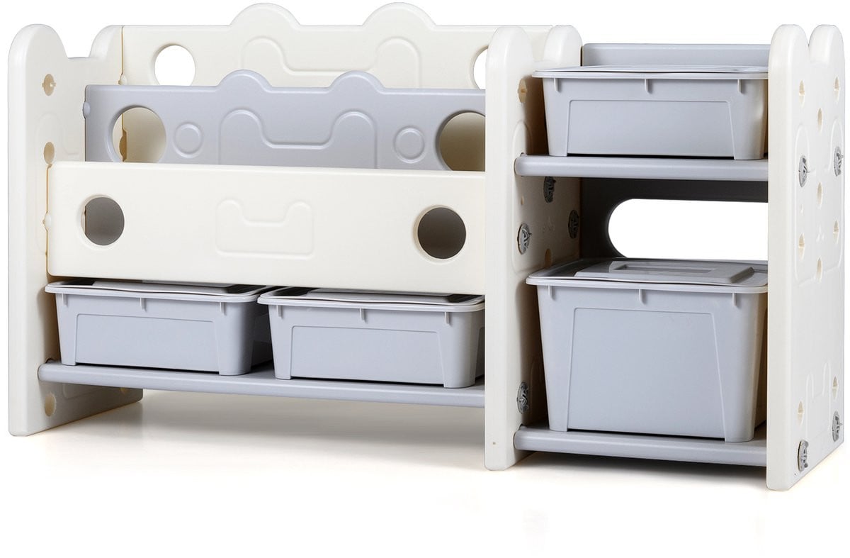 Costway 2-in-1 kinderboekenrek en speelgoedorganizer in kattenvorm met 4 opbergdozen en 2 niveaus