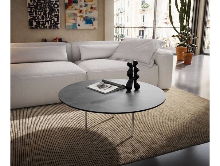 DELIFE Couchtisch Edge Rund 90x90 cm Keramik Beton Grau Trive Metall Schwarz, Couchtische
