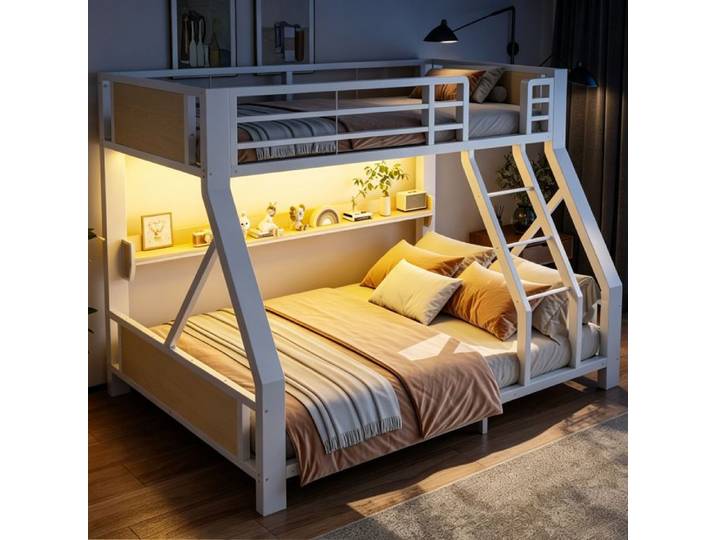 Lit Superposé 90x200cm+140x200 cm Lit enfant avec Éclairage LED Barrière Antichute Lit Superposé Enfant Métal + bois Blanc