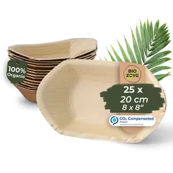 BIOZOYG 25 Stück Einwegschale 20cm Palmblattschale Schiffchenform Einweggeschirr Palmblatt Boot biologisch abbaubar biologisch kompostierbar