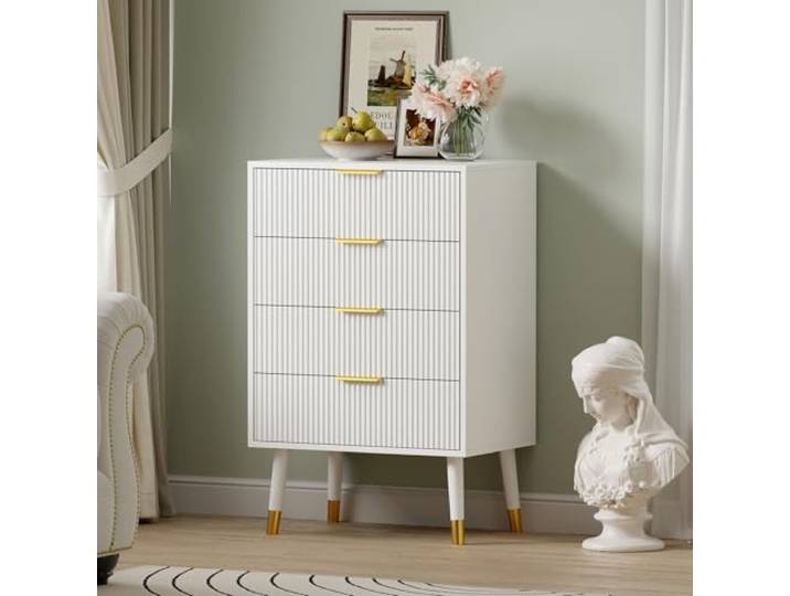 WEJIUAFB 4-Schubladen Kommode，Anti-Kipp-Sicherung, 60×39×90,5cm Geriffelte Front, edle goldene Griffe & Holzbeine mit Goldkappe, 10kg pro Schublade, 45,4kg Gesamtlast