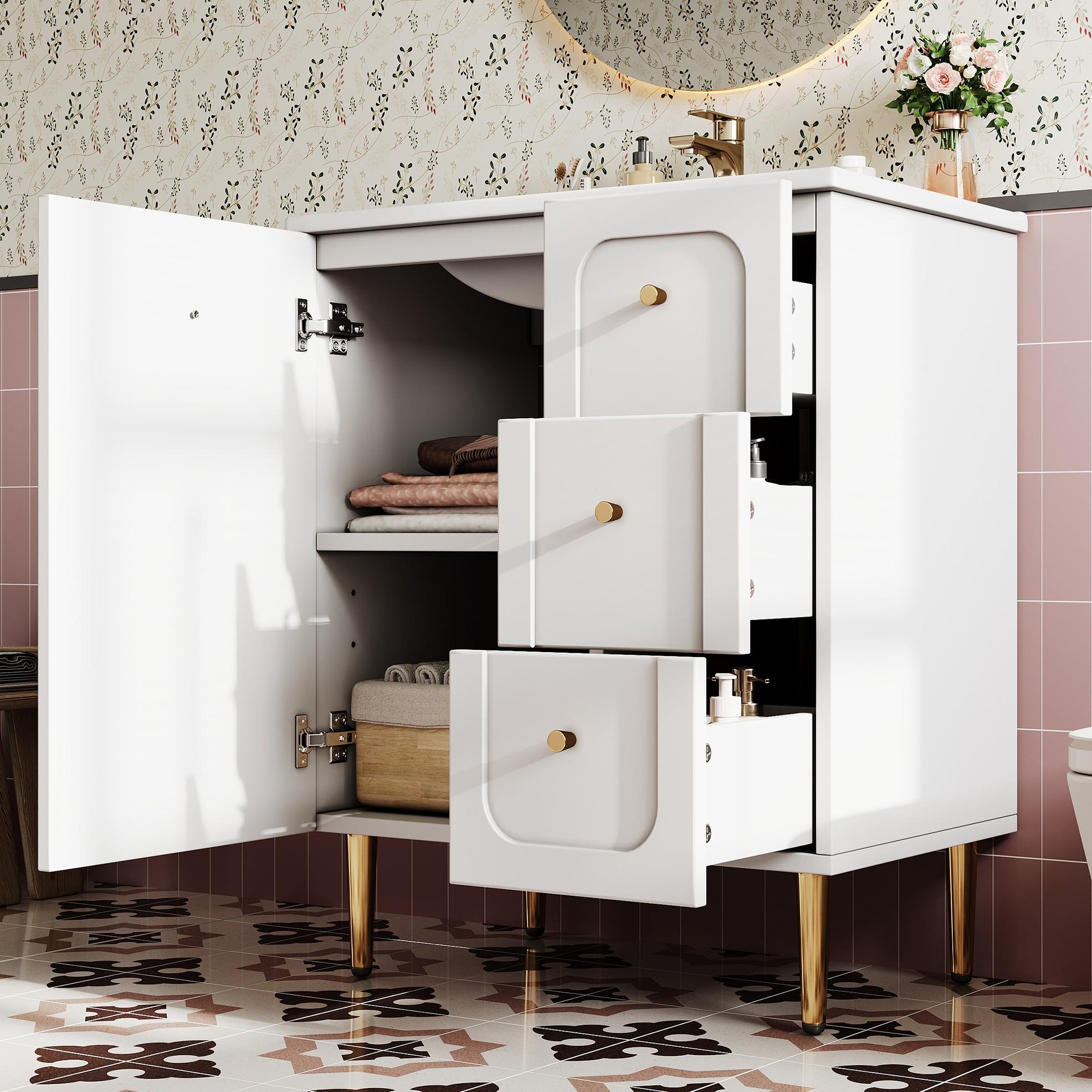 MODFU Waschtisch Weiß, Badezimmerschrank mit integriertem Keramikwaschbecken, Waschbeckenunterschrank Badmöbel mit 3 Schubladen,76,5×47×87,5 cm
