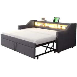 Ausziehbares Schlafsofa 90x190/180 cm mit Stauraum, USB-Anschluss und Lattenrost – Multifunktional und bequem in Dunkelgrau