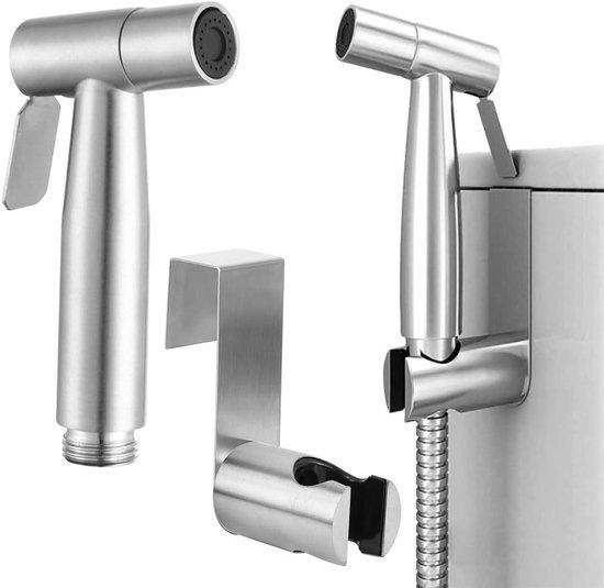 Handheld bidetspuit met roestvrijstalen haak in geborsteld zilver voor toiletreiniging