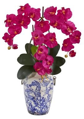 Nearly Natrual "24"" Phalaenopsis Orchid Artificial Arrangement in Weathered Ocean Vase"