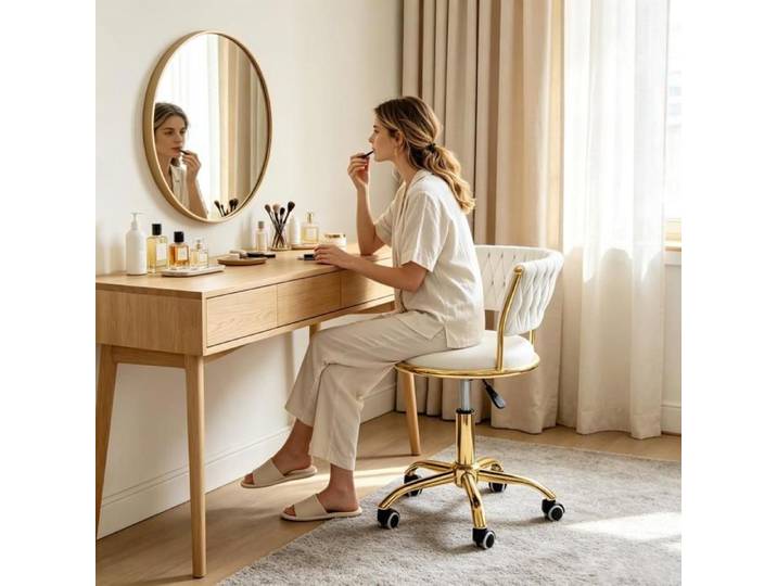 Chleby Chaise coiffeuse Velours Chaise Style Scandinave Pivotante Fauteuil de Bureau réglable en hauteur Blanc crème Cadre doré