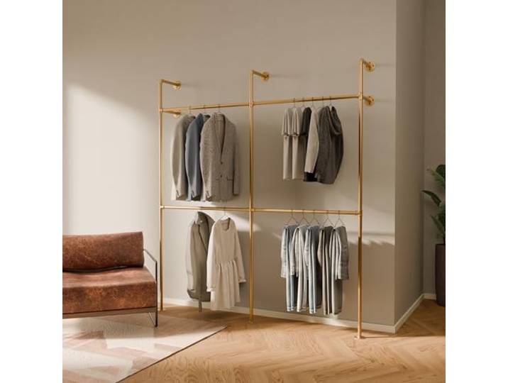 pamo Kleiderstange Wandmontage Gold – 201 x 222 cm 360 kg Traglast Offener Kleiderschrank Garderobe Wand Industrial aus Metall – Begehbarer Kleiderschrank System